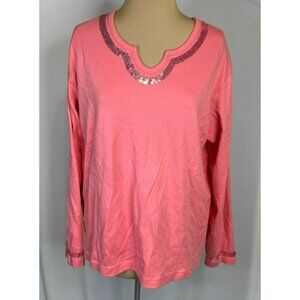 Quacker Factory Women's Large Pink Long Sleeve Sequin Top 100% Cotton